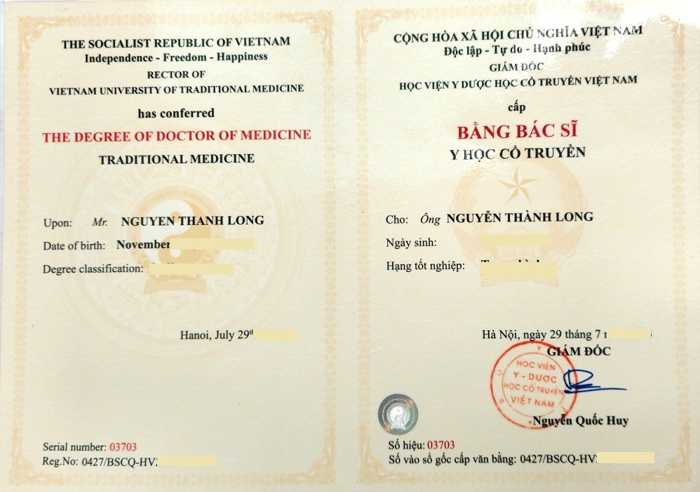 Bằng bác sĩ đông y Nguyễn Thành Long